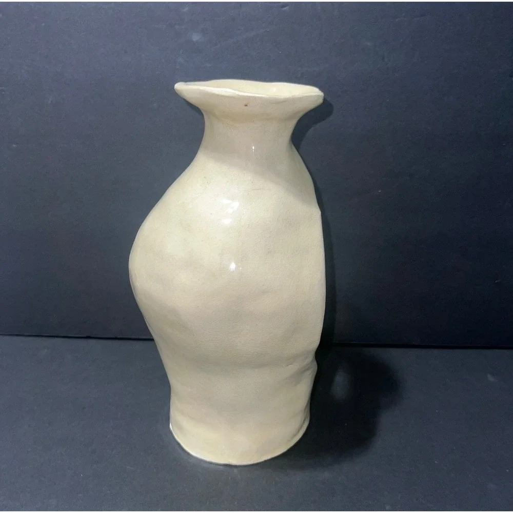 Artisan Ceramic Sculptural Face Vase Cream Glossy Hand Molded Surrealist Vessel